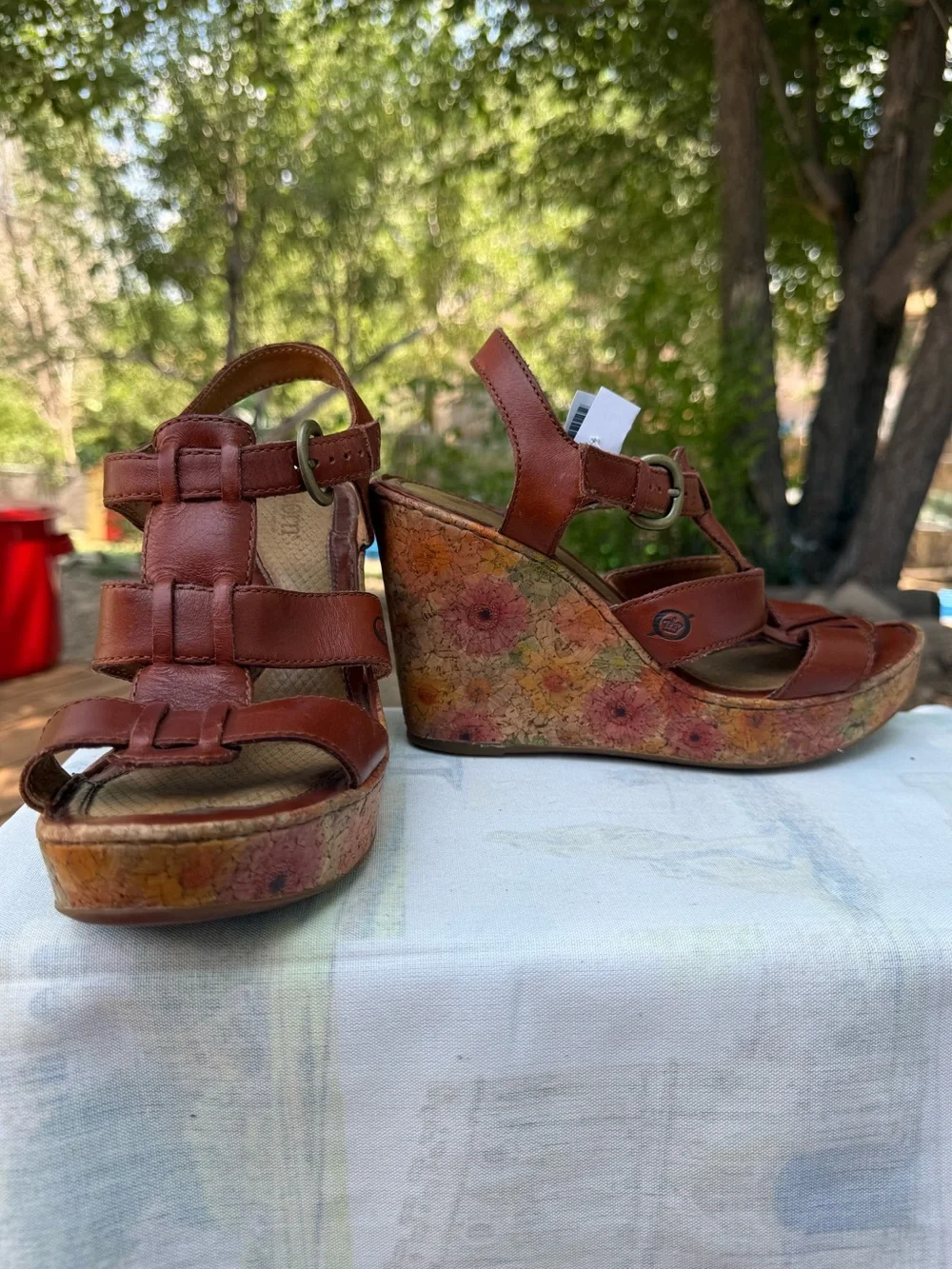 Born Leather Strappy Floral Cork Wedge Sandals
